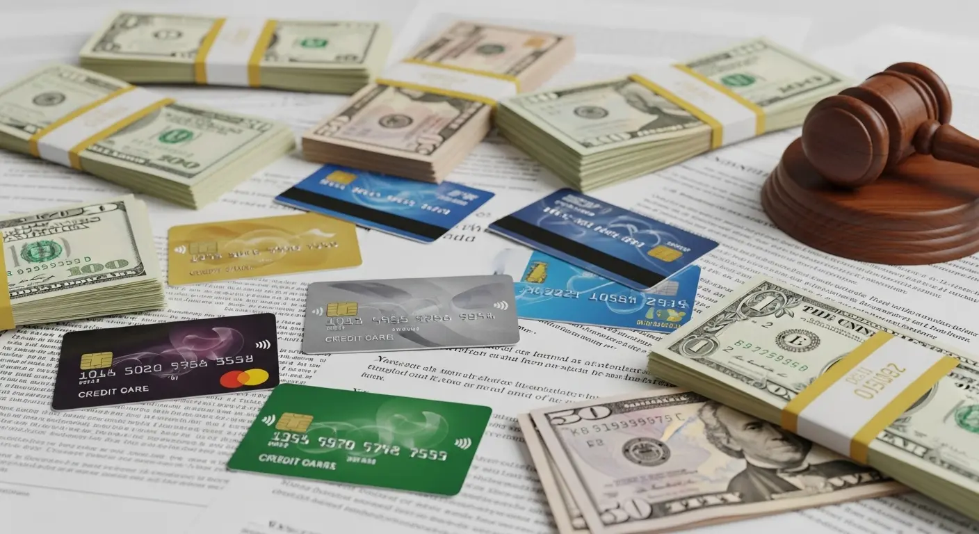 법률문서 위에 신용카드와 현금이 놓여 있는 장면