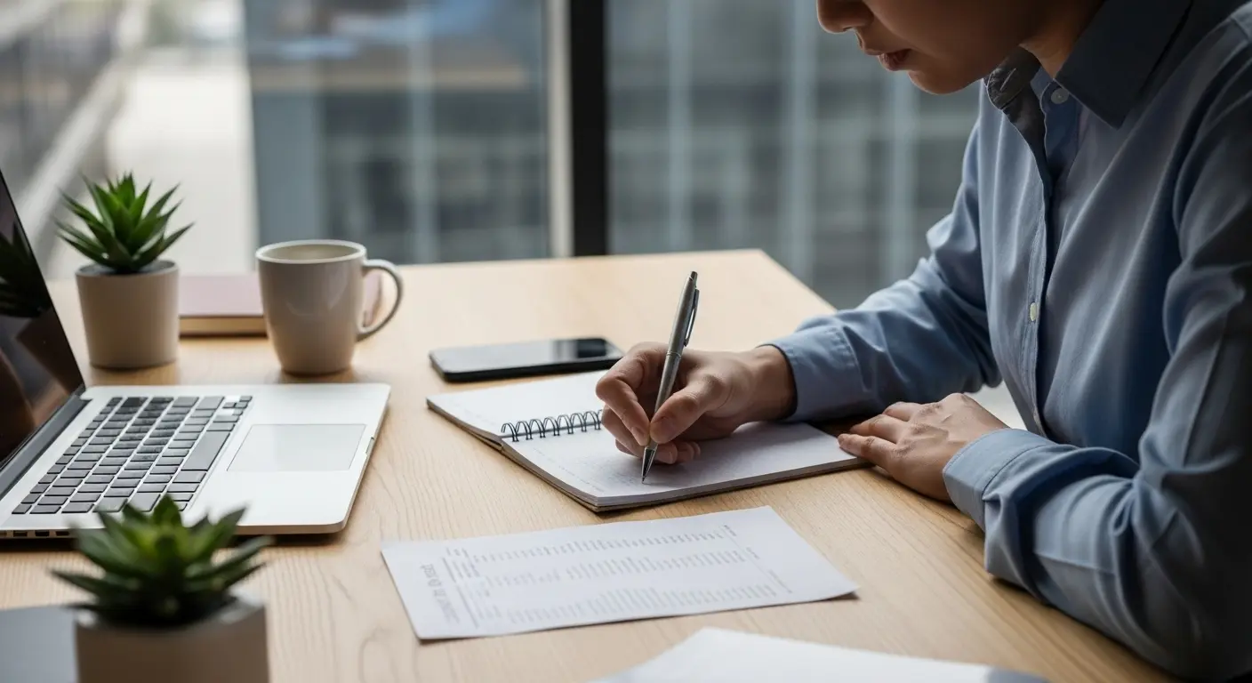사무실 책상 위에서 카드명세서를 보고 메모하는 사람