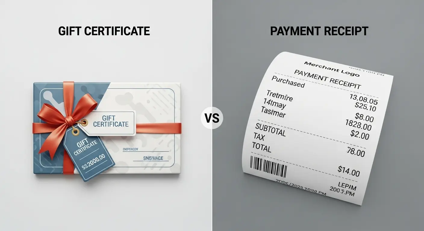 두 가지 카드결제 방식이 비교된 인포그래픽 스타일 화면, 한쪽엔 상품권, 다른 쪽엔 결제 영수증 이미지