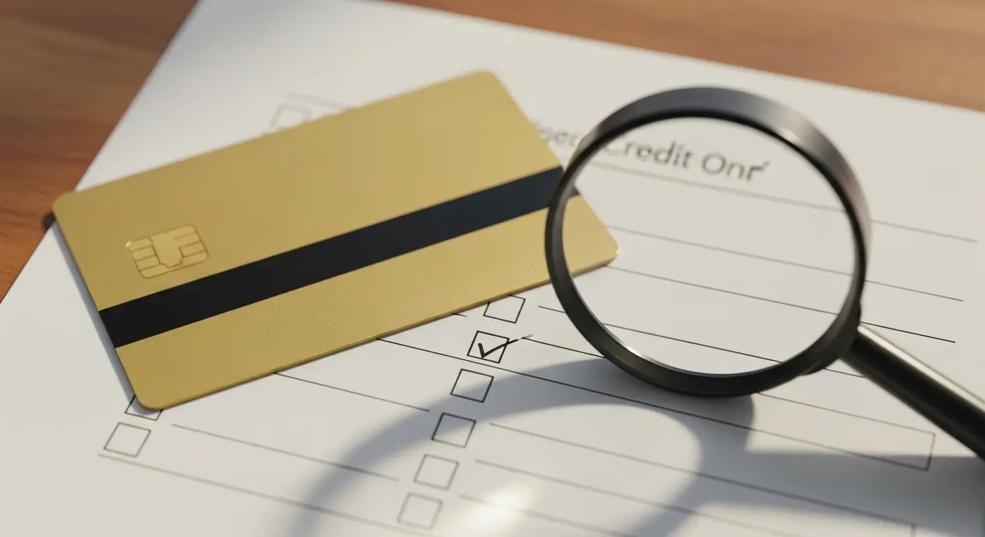체크리스트 항목이 나열된 문서 위에 신용카드와 돋보기가 놓인 장면