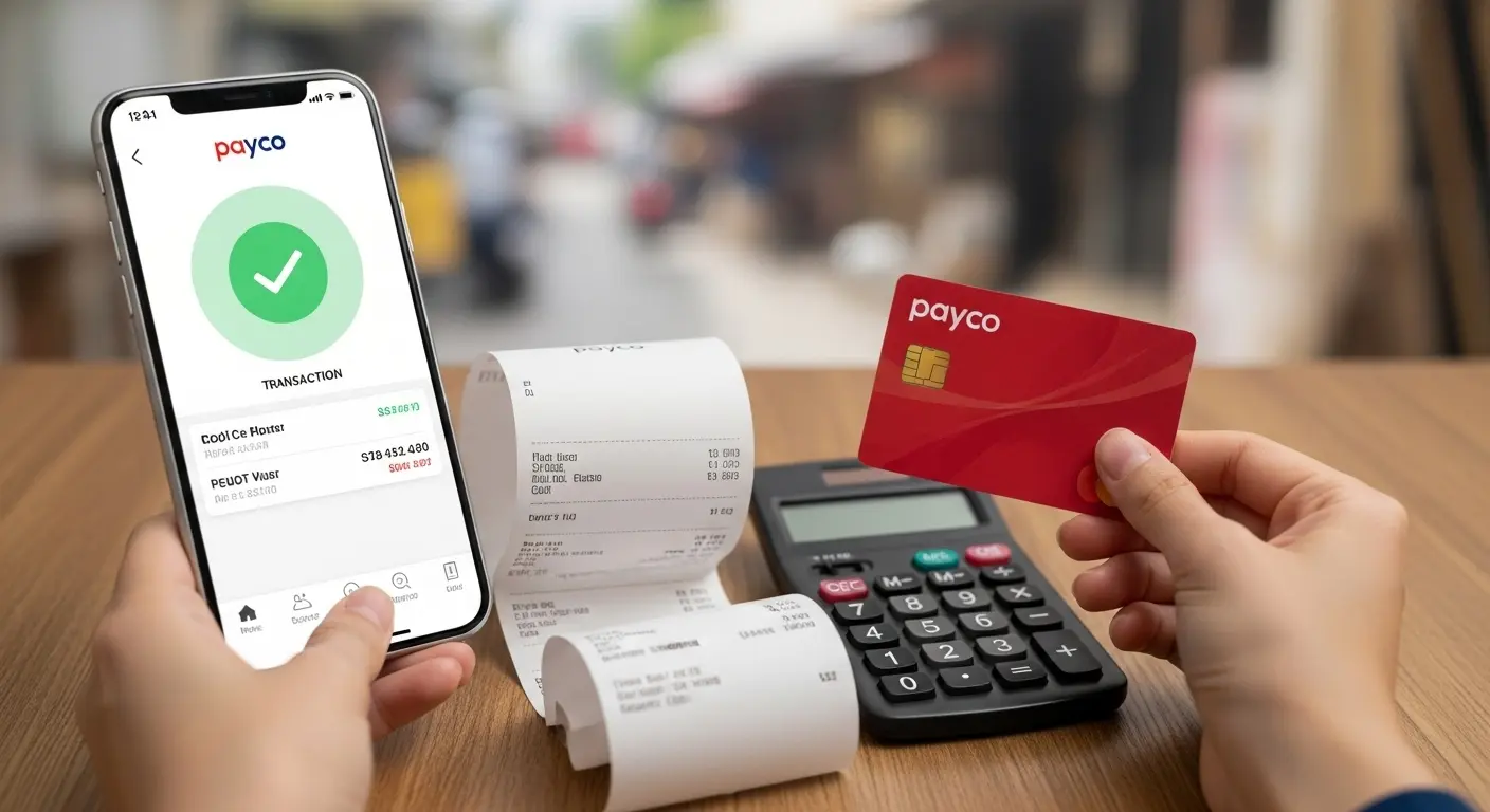 페이코 앱 화면과 신용카드를 들고 있는 사람, 테이블 위에 카드영수증과 계산기가 함께 있는 장면