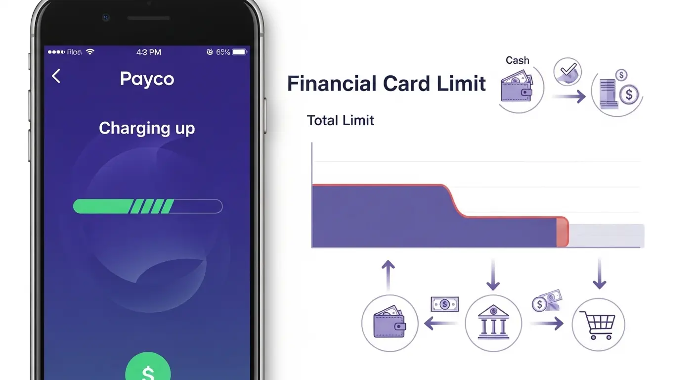 스마트폰 페이코 앱 충전 화면과 카드 한도표, 옆에는 화살표로 현금 흐름을 나타낸 인포그래픽 스타일 장면