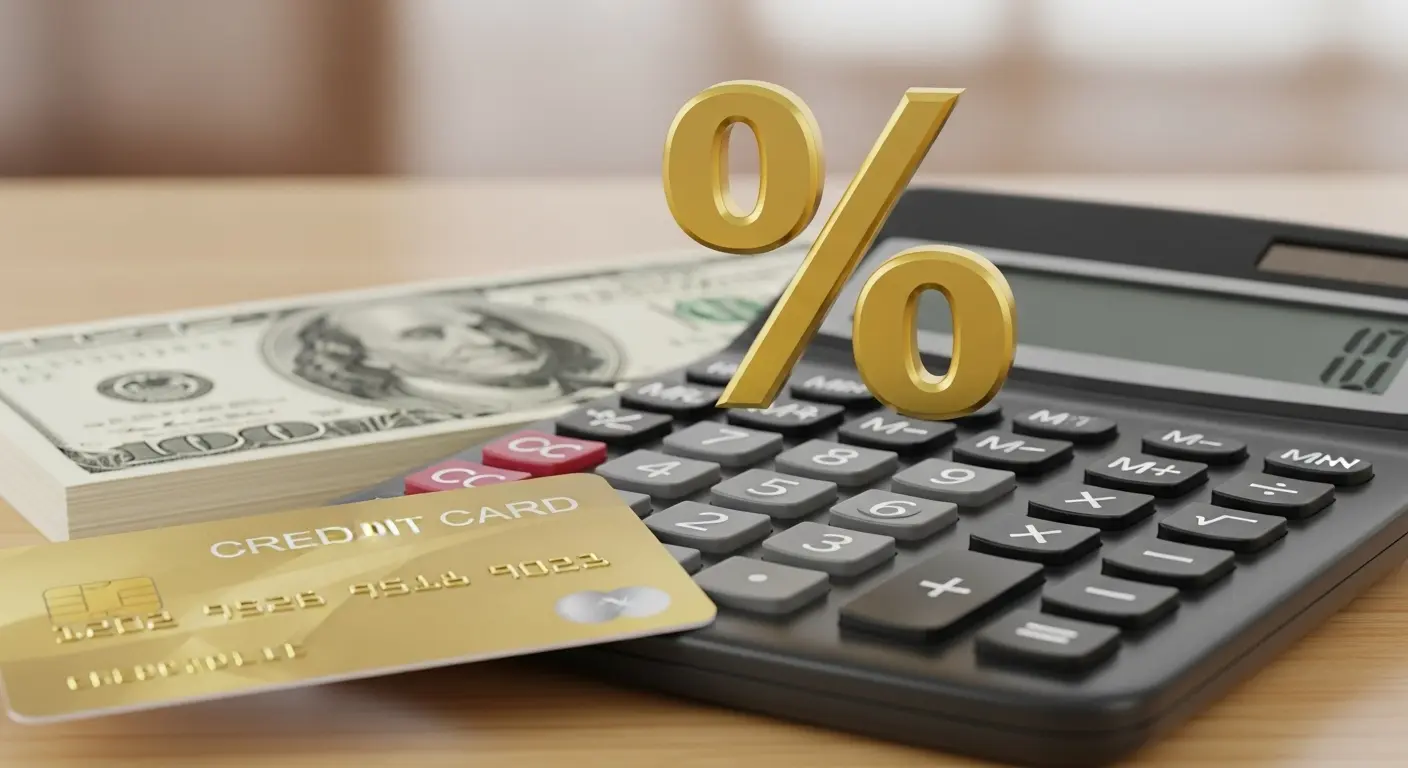 계산기 위에 신용카드, 현금다발, % 기호가 크게 떠 있는 장면