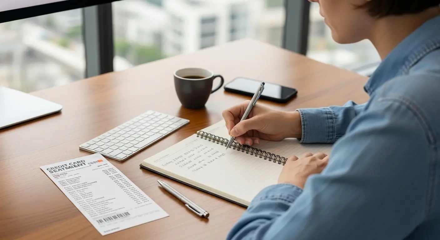 사무실 책상 위에서 카드명세서를 보고 노트에 메모하는 사람