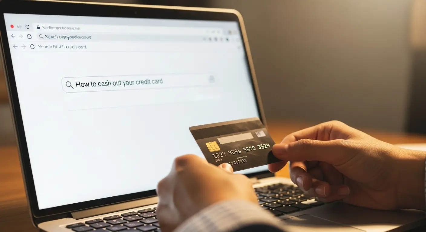 노트북 화면에 ‘신용카드 현금화 방법’ 검색창이 떠 있고, 신용카드를 들고 있는 사람