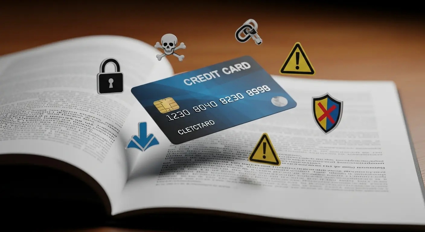 법률문서 위에 신용카드와 경고 아이콘이 떠 있는 장면