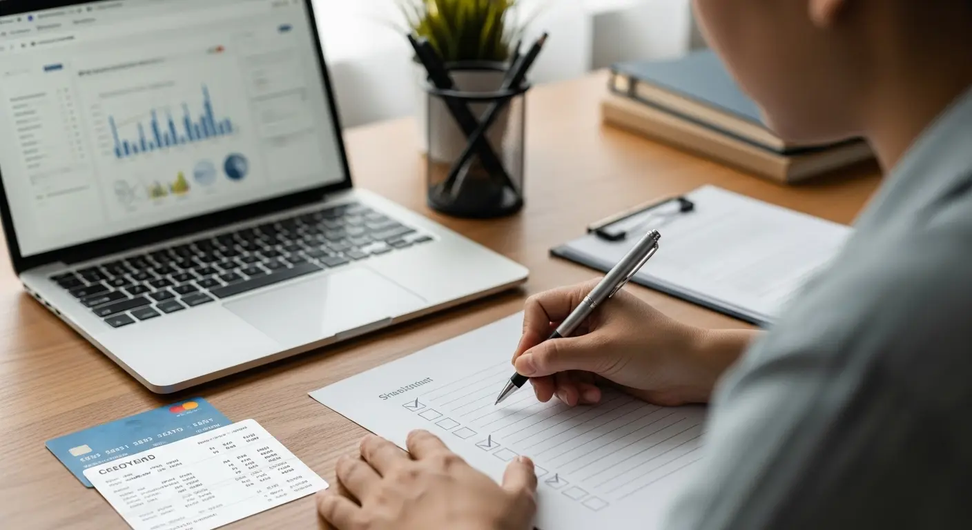 책상 위 카드명세서와 노트북, 사람이 체크리스트를 작성하며 신용관리를 하는 장면