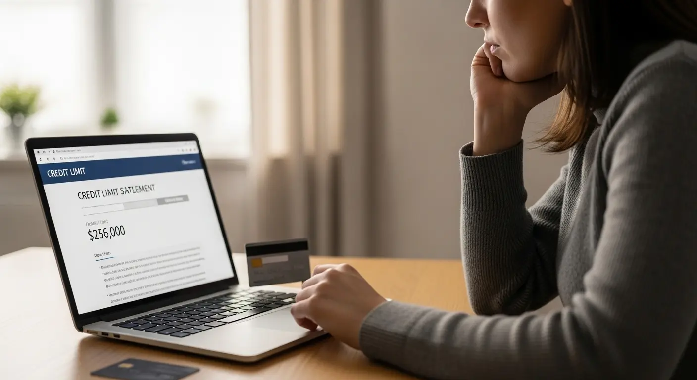 신용카드 한도표와 노트북 앞에서 고민하는 사람