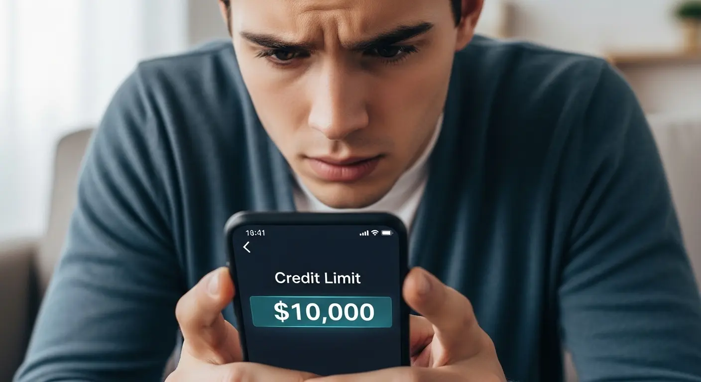 신용카드 한도 조회 화면과 고민하는 사람, 카드 한도 수치가 강조된 장면