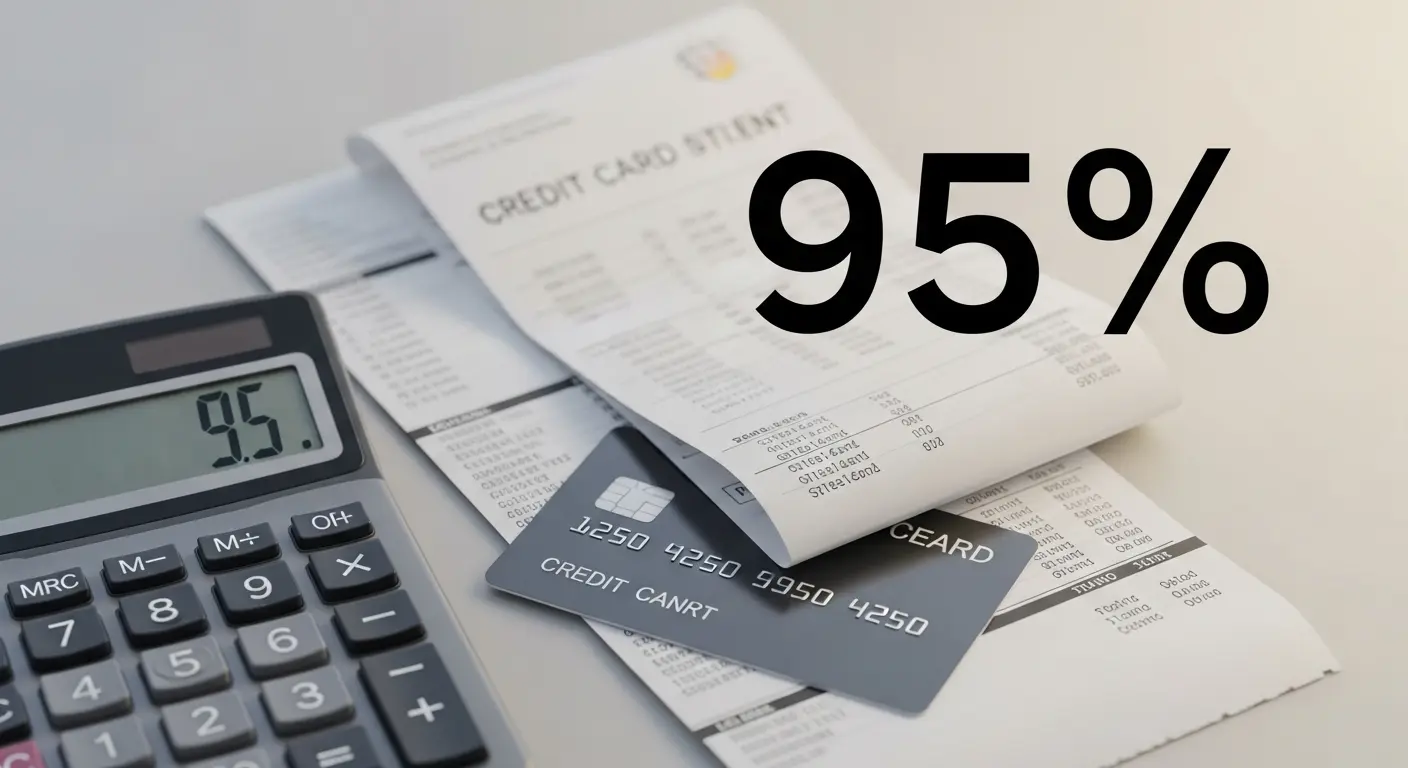 계산기 옆에 신용카드와 % 기호, 카드 명세서가 겹쳐진 장면