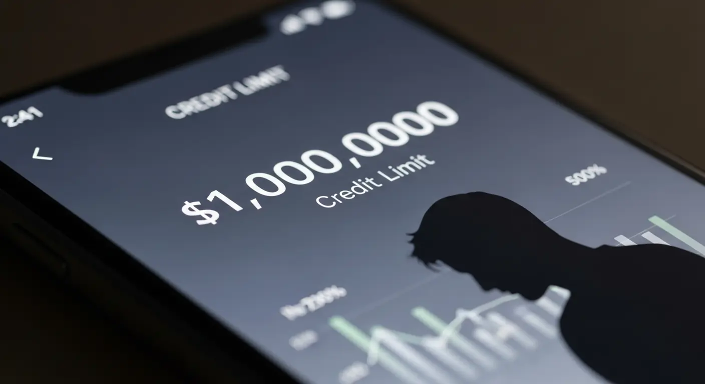 카드한도가 크게 표시된 신용카드 화면과 걱정하는 사람의 실루엣