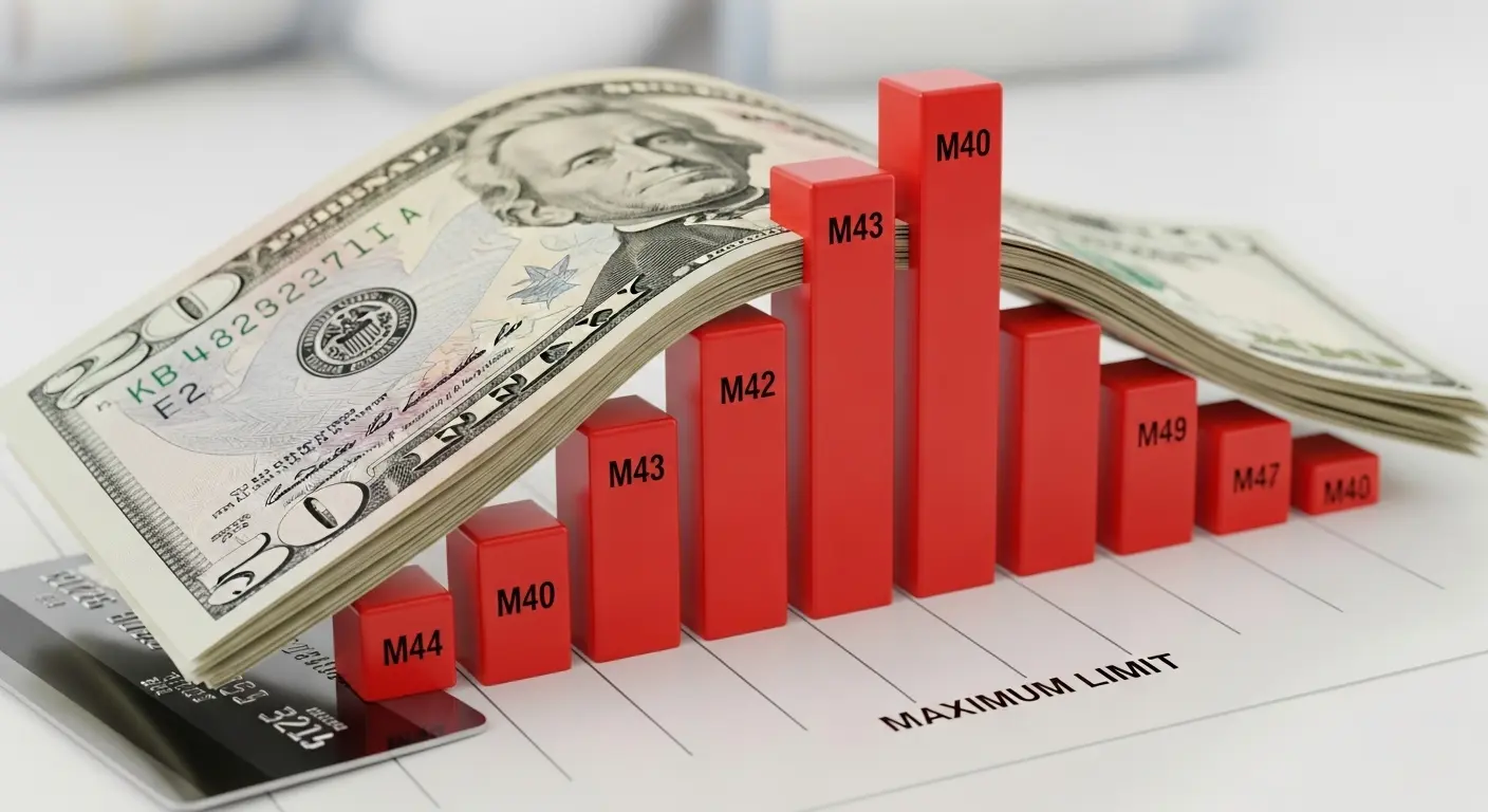 신용카드 한도 숫자가 강조된 그래프 위에 현금이 놓여 있는 장면