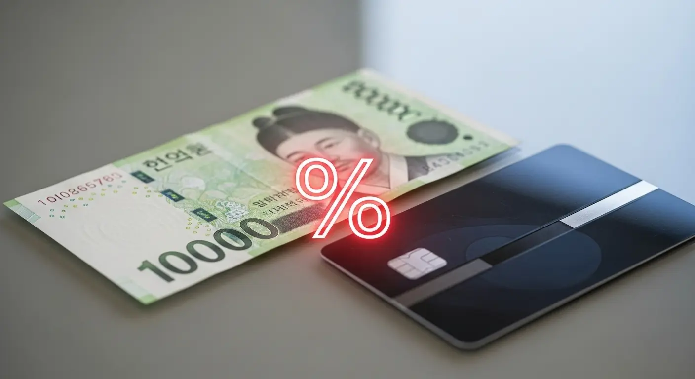 100만원 지폐와 신용카드가 나란히 놓여 있고 ‘%’ 기호가 반짝이는 장면