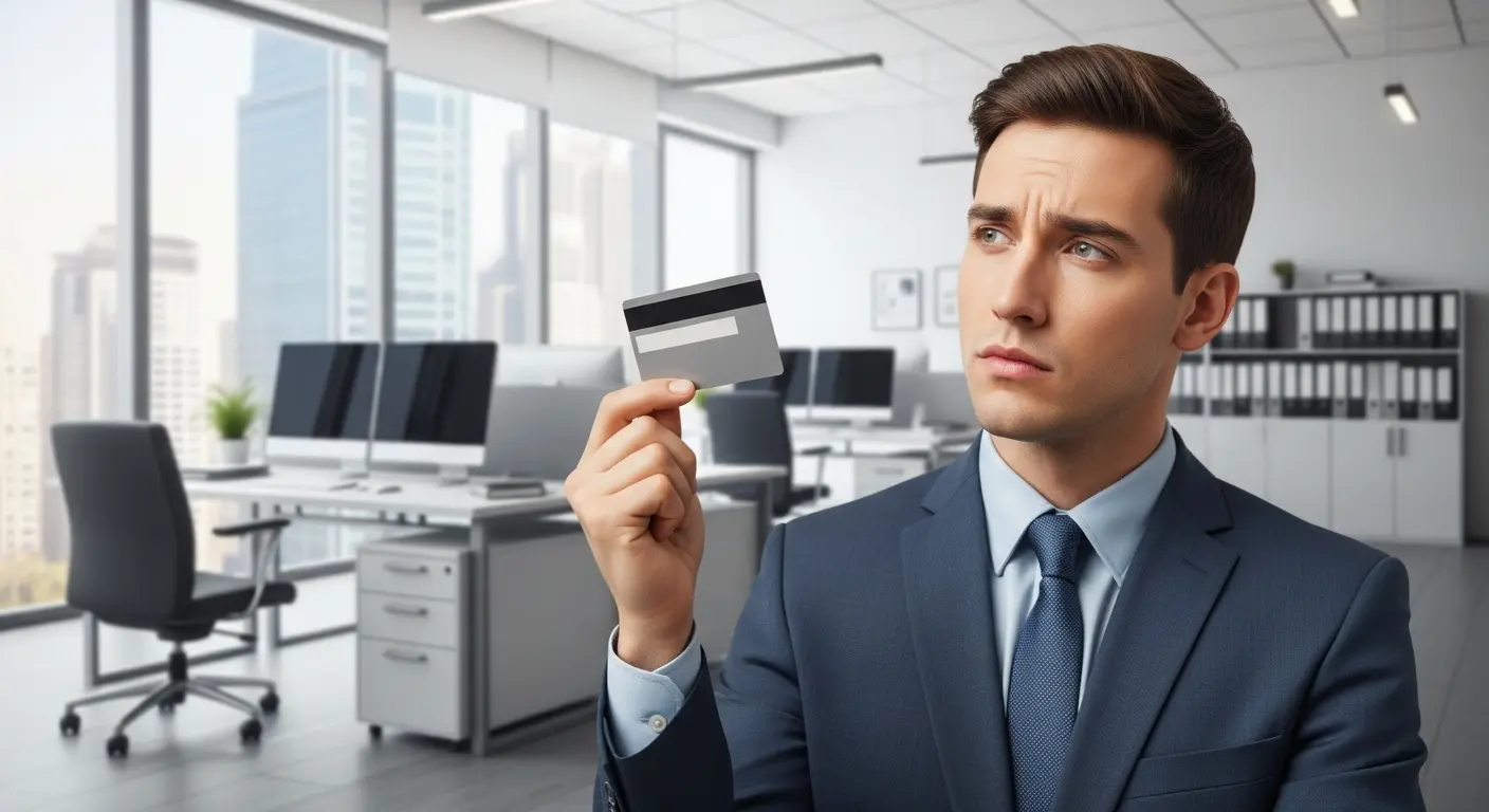 사람이 신용카드를 들고 고민하는 장면, 배경은 금융 사무실 분위기