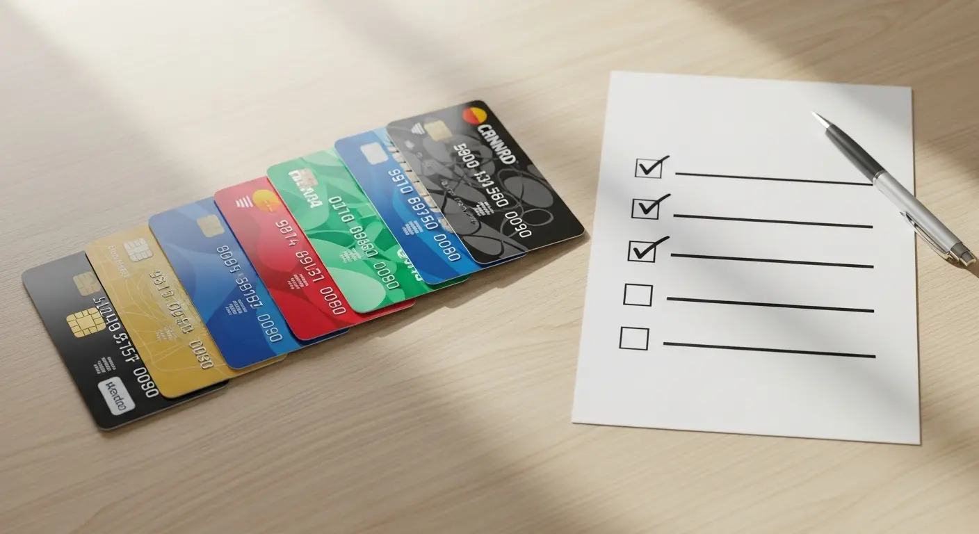 여러 신용카드와 체크리스트를 비교하는 장면