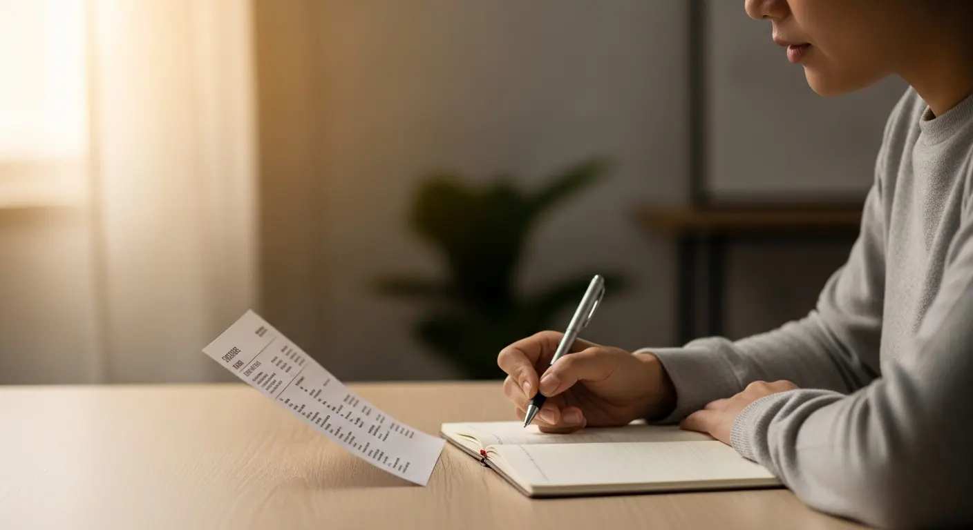 카드 명세서를 확인하며 메모하는 사람, 평온한 분위기