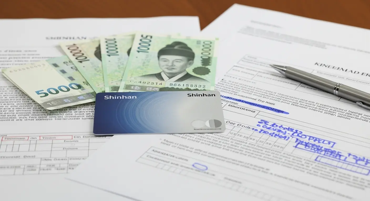 법률 문서 위에 신한카드와 현금이 놓인 장면