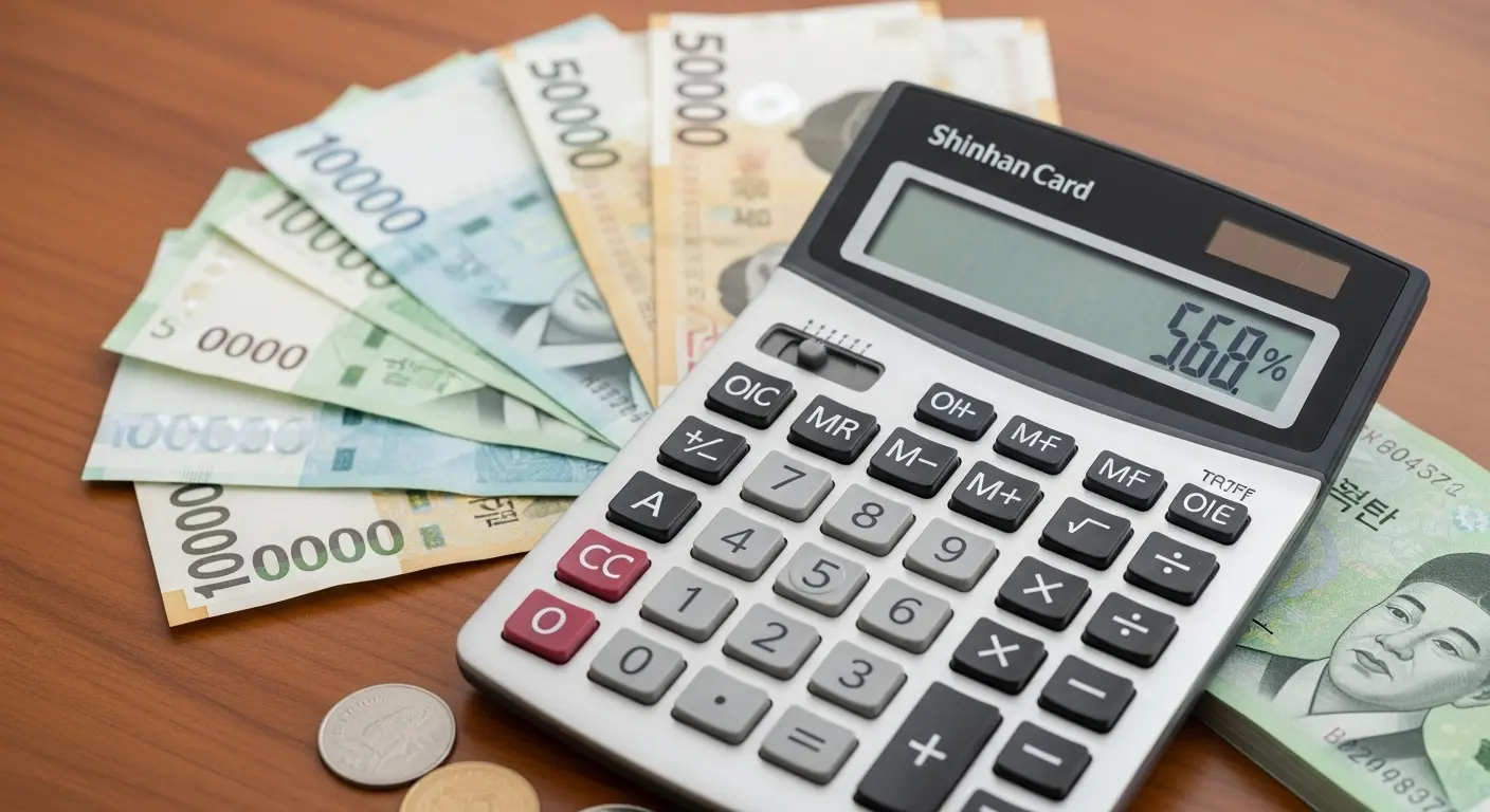 신한카드 계산기 위에 수수료 퍼센트 표시와 현금이 함께 놓인 장면