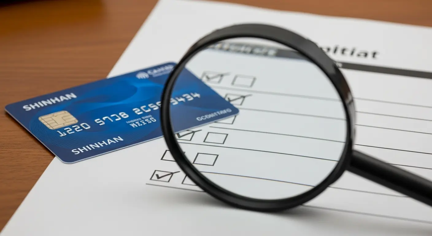 체크리스트 항목이 있는 문서 위에 신한카드와 돋보기가 놓인 장면