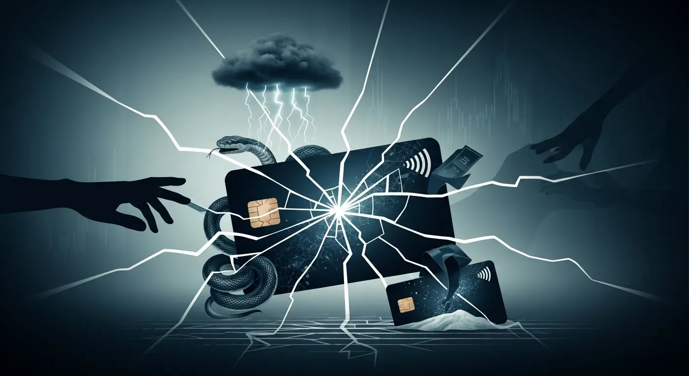 카드 거래 구조에서 발생할 수 있는 위험 요소를 은유적으로 표현한 금융 인포그래픽