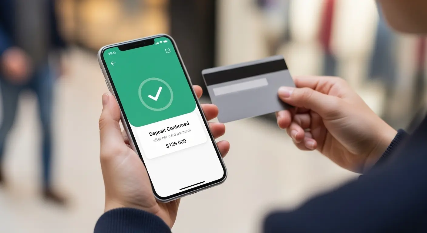 신용카드 현금화 후 실제 입금 알림을 확인하는 사람의 모습, 카드 결제와 계좌 입금 장면을 묘사한 이미지