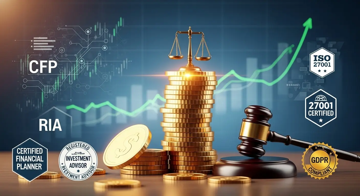 합법적 절차를 상징하는 인증 마크가 포함된 금융 보안 이미지