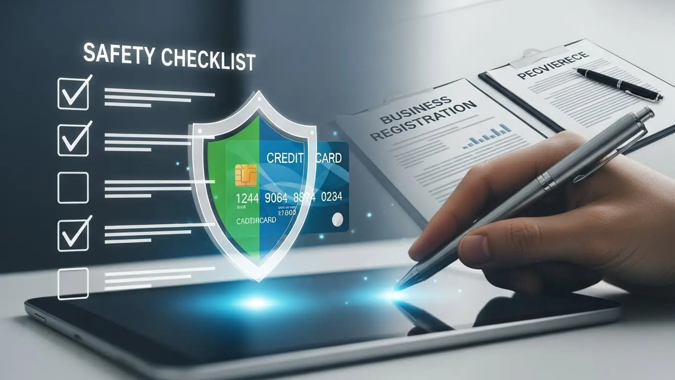 안전한 정식 등록 업체 확인 및 보안 검증 과정 일러스트