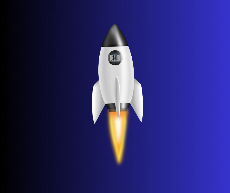 A black and white rocket lifts off against a blue/black background. A grey mail icon with '16' is visible in the rocket's circular window.