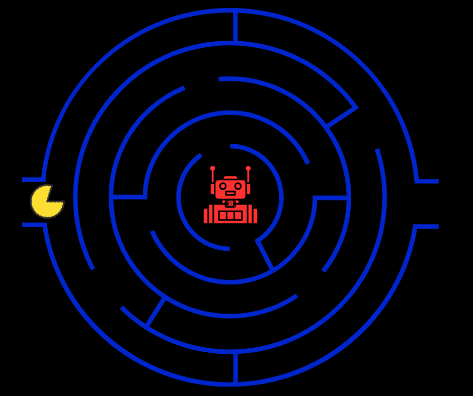 A red robot with the number 18 sits in the centre of a circular blue labyrinth with a yellow pacman-esque figure entering from the left.