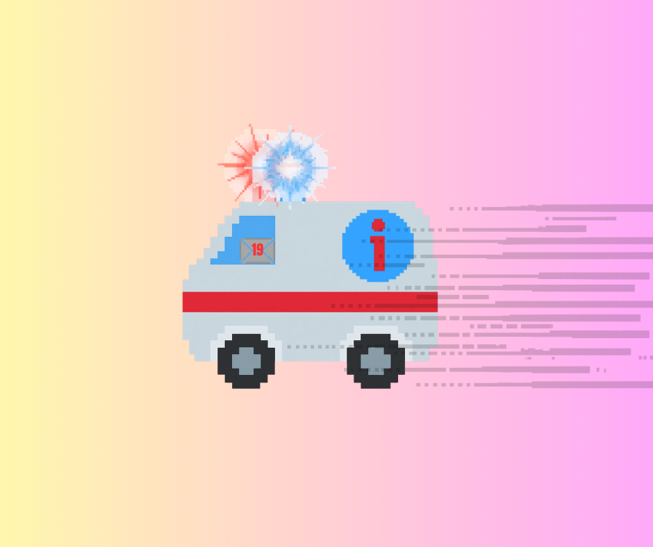 A grey blocky illustrated ambulance with the red letter 'i' and number 19 speeds from right to left.