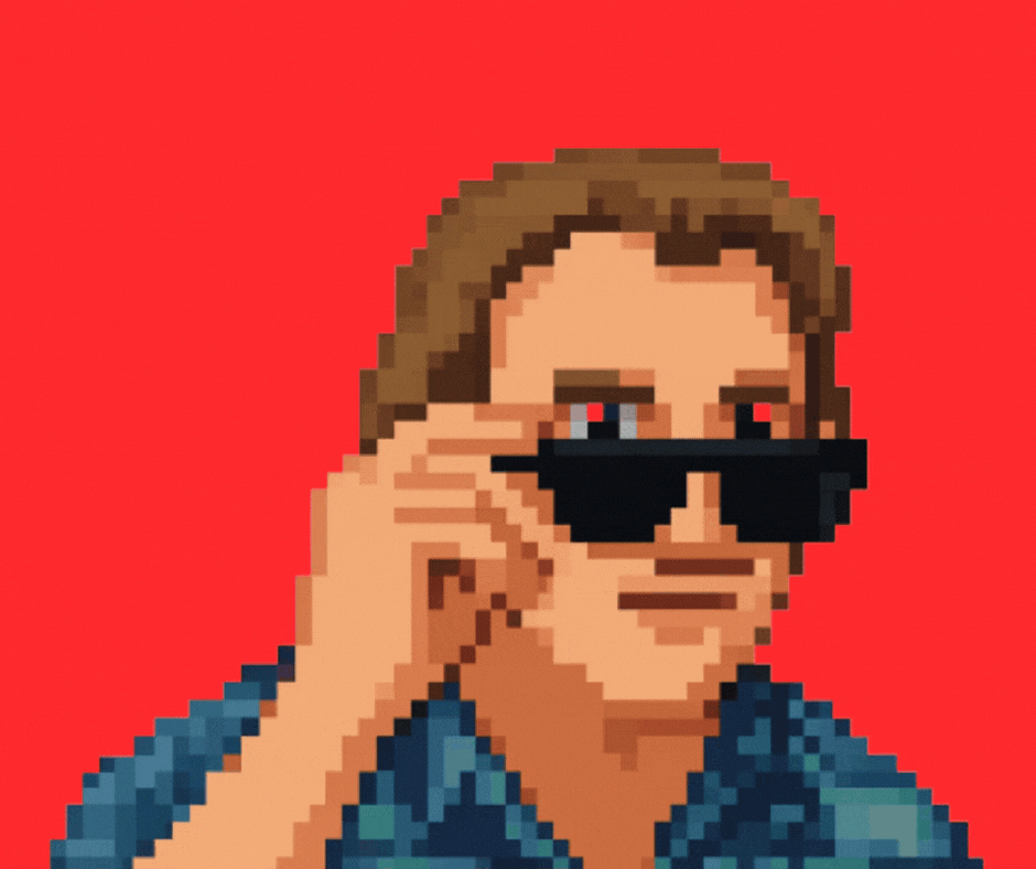 Pixel art GIF of man putting on sunglasses to reveal 'misinformation' on a billboard and alien/zombie.