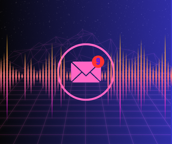 A pink letter icon with the number 9 on an orange signal wave with a vector graphic landscape backdrop