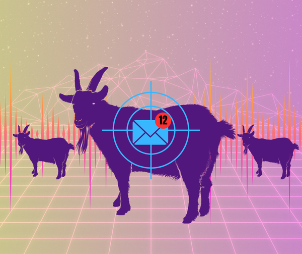 3 purple goats on a pink background 1 in light blue cross hairs with a mail icon and the number 12
