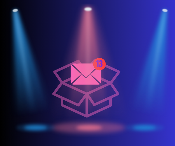 A pink mail icon with the number 13 in a box against a spotlit blue background.