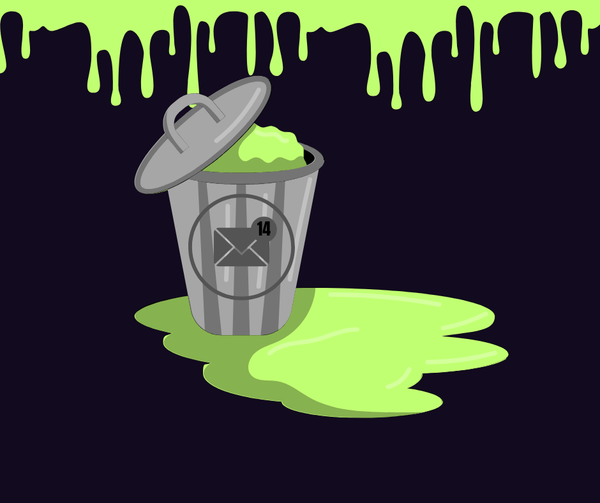 A light grey dustbin with a dark grey letter icon and black number 14 on it leaks green goo 