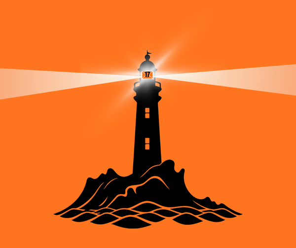 Black outline of a lighthouse against an orange background with a mail icon labelled 17 in the light.