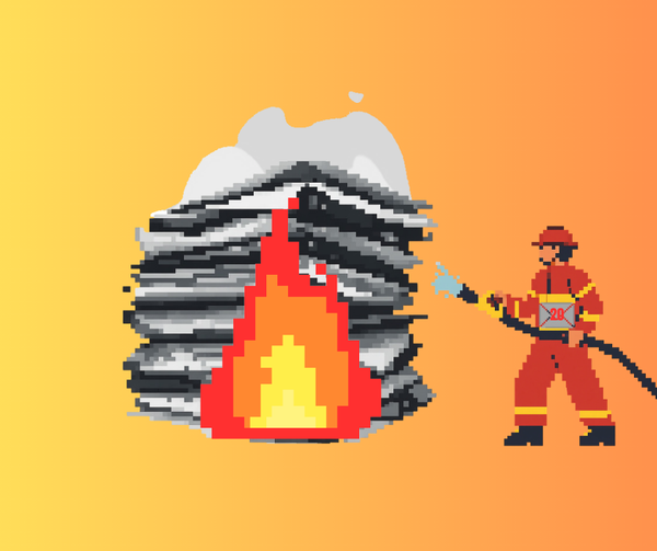 Graphic of firefighter wearing a mail icon with the number 20 squirting water on blazing papers.