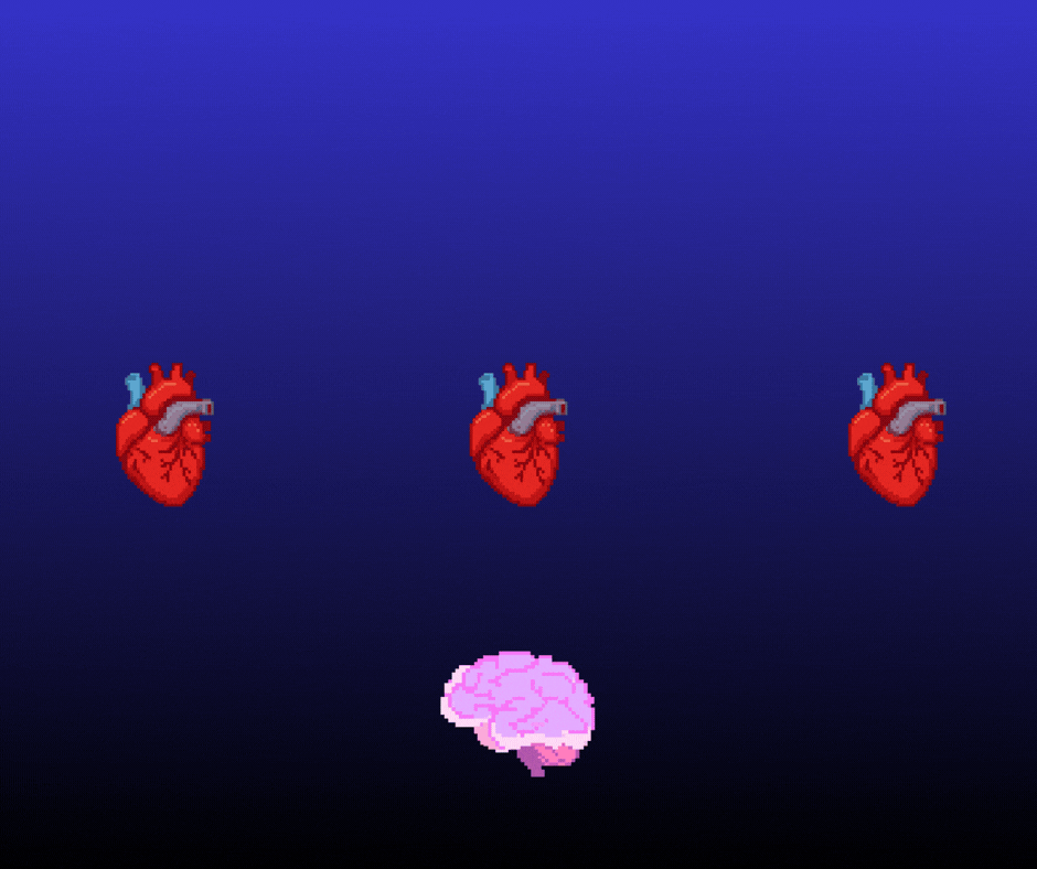 Green space invaders descend attacking three pixellated hearts while a pink brain cowers below. 