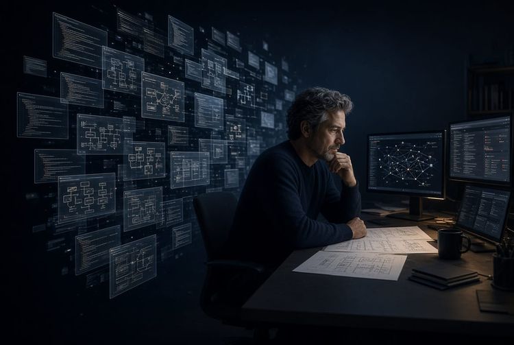 Experienced software engineer evaluating architecture and system design while generated code and technical diagrams surround him.