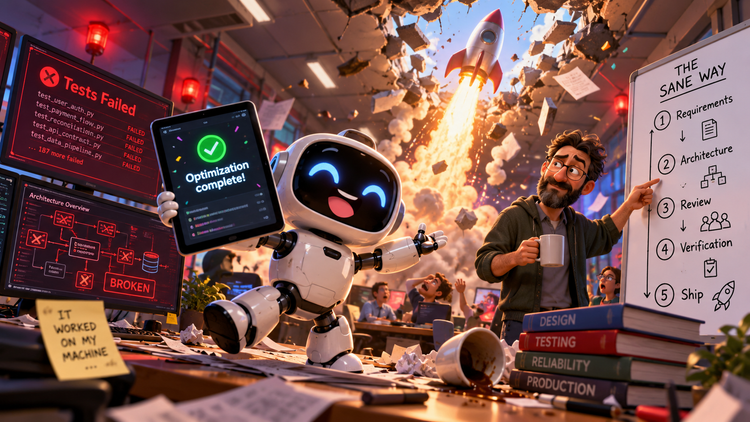 A cheerful AI robot celebrates a successful optimization while a rocket blasts through the office ceiling and an experienced software engineer points to the proper development process.