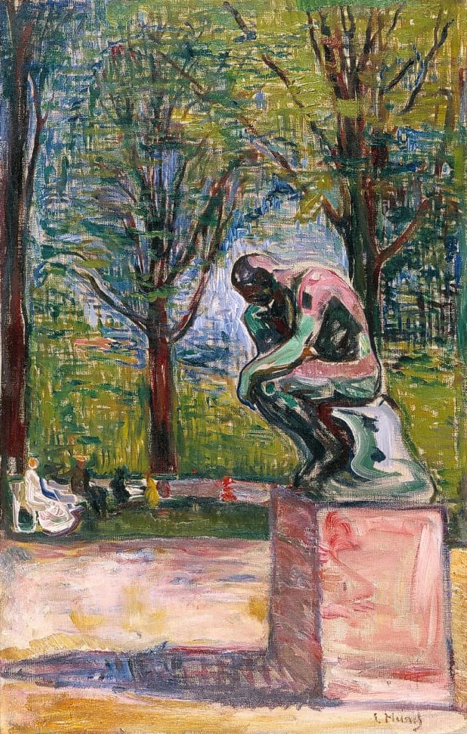 In this painting, Rodin’s “The Thinker” is on the centre-right, colored in pink, green, and black, on a pinkish pedestal, with trees and foliage in the background, as well as a few small human figures.