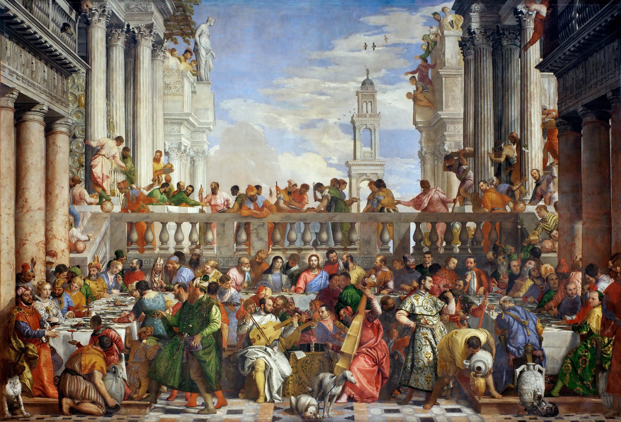 Veronese’s gigantic painting of the wedding at Cana, full of people and a few dogs.