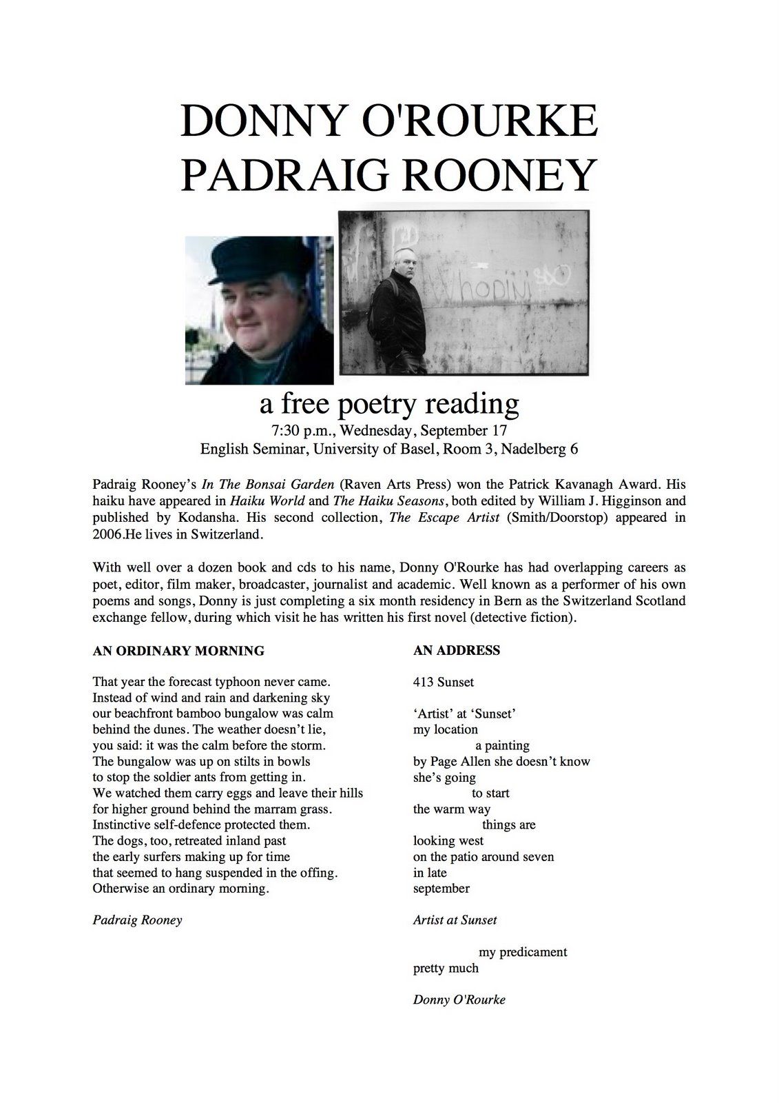 Donny O'Rourke and Padraig Rooney: a poetry reading in Basel, September 17, 2008