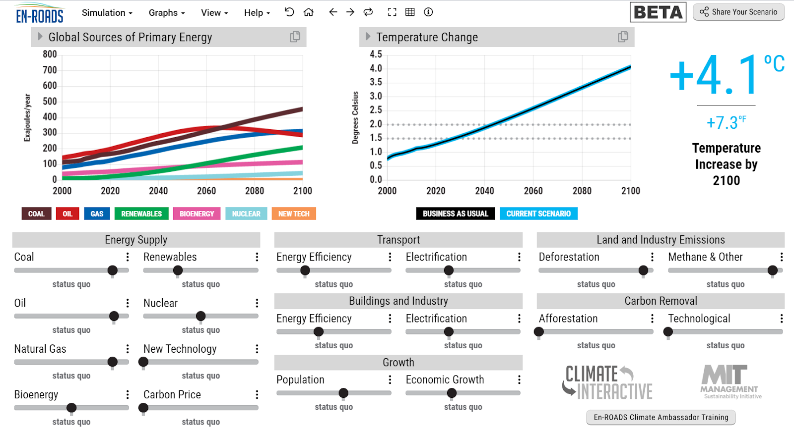 Screenshot of En-ROADS climate policy simulator (en-roads.org)