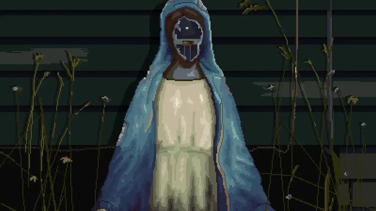 A pixel art image of a statue of Mary with her arms spread wide. Her face is removed, revealing circuitry.