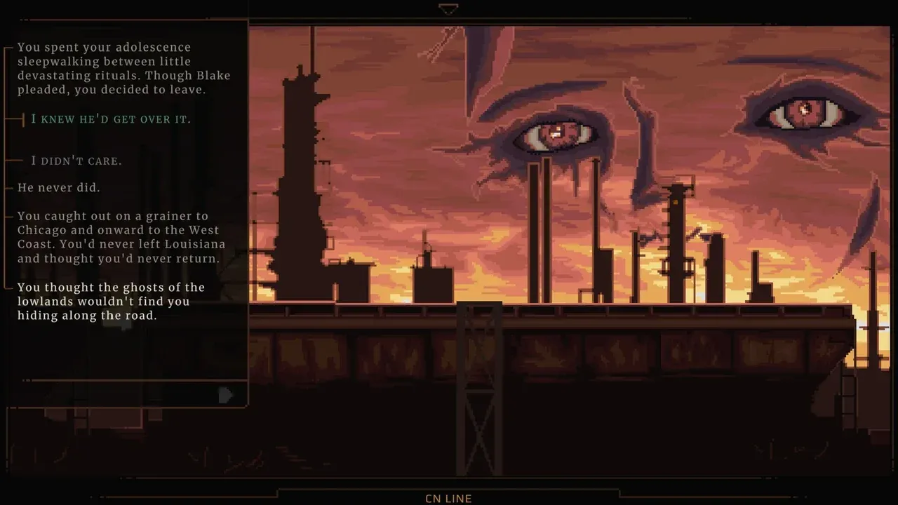 A screenshot from the beginning of Norco. Rusty hulks of a train yard rest silently in the foreground, while rust-colored radio masts and skyscrapers stand in the background. A yellow, polluted sky is on fire or at sunset, the eyes and vague features of a face are superimposed on the sky.