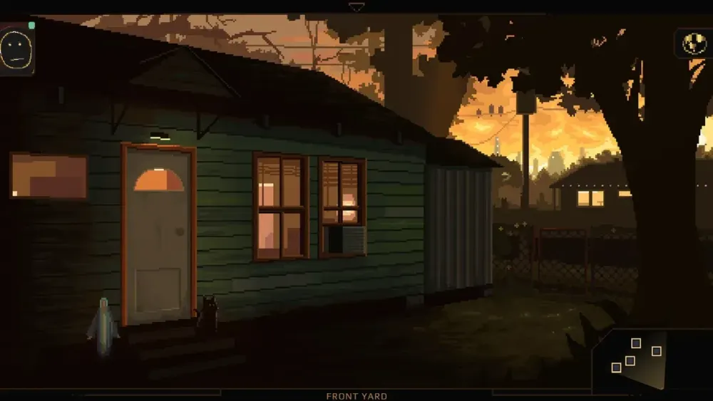 A screenshot from Norco showing the front of a green, single-story home. The sky is ablaze with chemical yellow brightness.