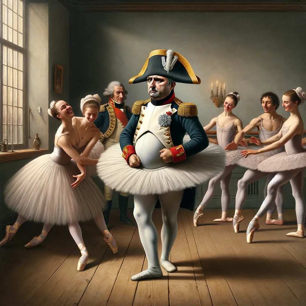 Prompt: Napoleon in a tutu awkwardly performing at a ballet recital, in the style of Vermeer
