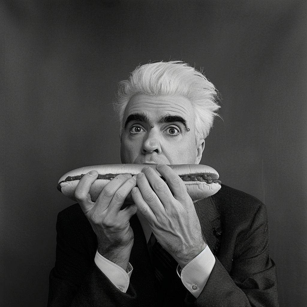 Prompt: David Byrne eating a chili dog