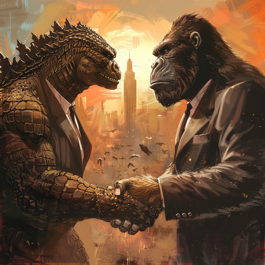 Prompt: Godzilla and King Kong in business suits, shaking hands